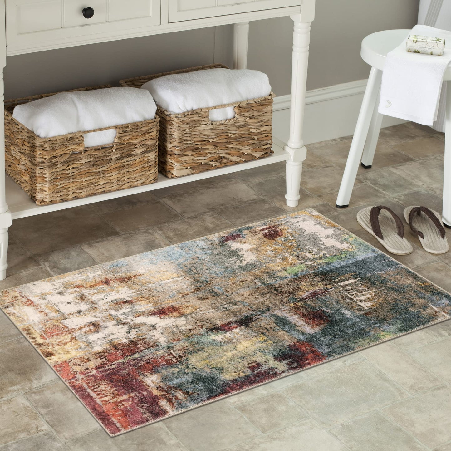 Lahome Modern Abstract Area Rug - 2x3 Washable Small Entryway Rug for Kitchen Non-Slip Front Doormat, Contemporary Faux Wool Soft Floor Indoor Carpet for Bathroom,Red/Multi