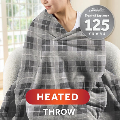 Sunbeam Electric Throw Royal Luxe Microplush Heated Blanket, 4 Heat Settings, 4-Hour Auto Shut-Off, Fast Heating, Warm and Cozy, Grey Rodeen Plaid, 50" x 60"