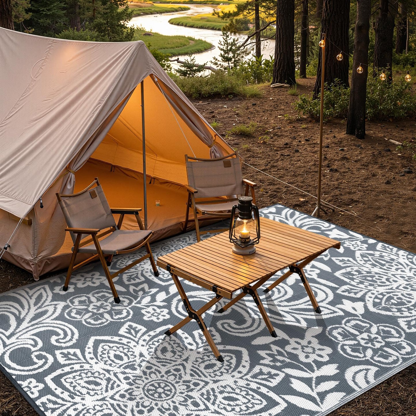 Findosom Waterproof Outdoor Rug 6' x 9' - Reversible Mandala Outdoor Plastic Straw Rug, Durable Foldable Patio Rug for RV, Deck, Balcony, Backyard, Picnic, Porch, Camping, Beach, Gray