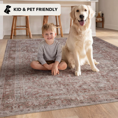 Kuden 4x6 Area Rug, Machine Washable Area Rug with Non-Slip Backing, Vintage Style, Soft, Easy Clean, Low Pile Rug for Living Room, Bedroom, Dining Room