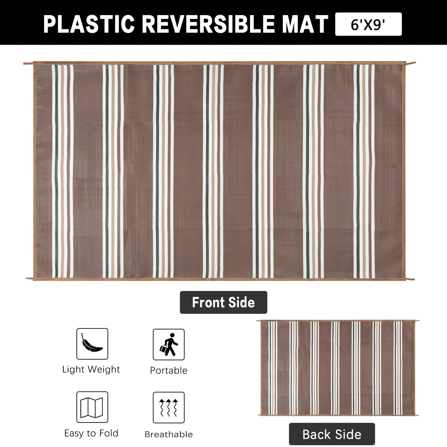 PureCozy Outdoor Waterproof 6x9 Rug for Patio Reversible Plastic Straw Brown Striped Camping Mat Outside Lightweight Large Floor Mat for RV Deck Beach Balcony Picnic Backyard Entry Porch