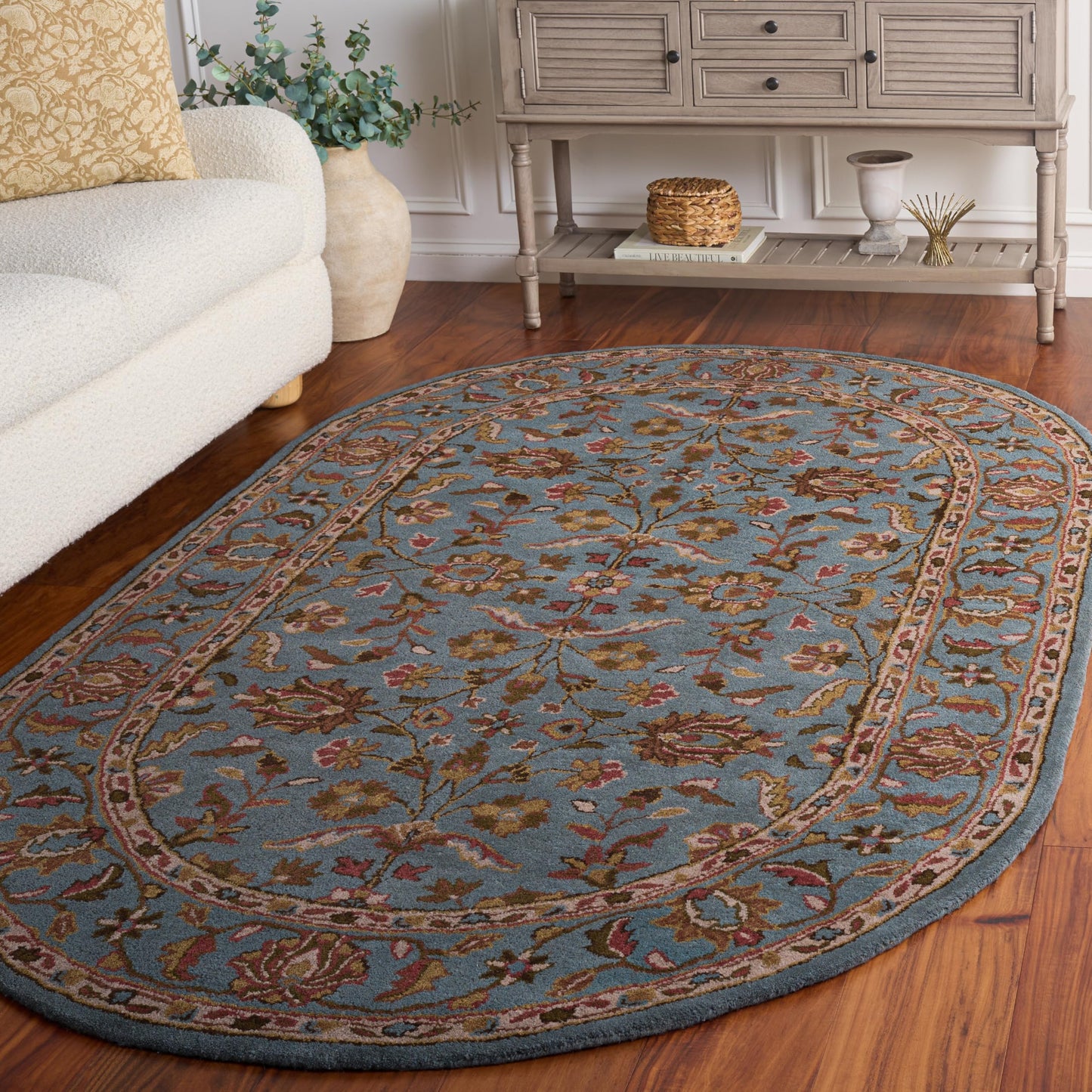 SAFAVIEH Heritage Collection Area Rug - 5' x 8' Oval, Blue & Blue, Handmade Traditional Oriental Wool, Ideal for High Traffic Areas in Living Room, Bedroom (HG969A)