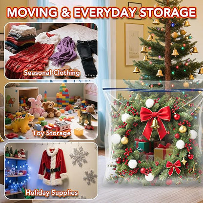 Extra Large Wreath Storage Bag, 34"x34"x8.5", Clear Storage Bag with Handle, Summer Christmas Decoration Garland Container for Seasonal Thanksgiving Holiday Artificial Wreath, 4 Pack