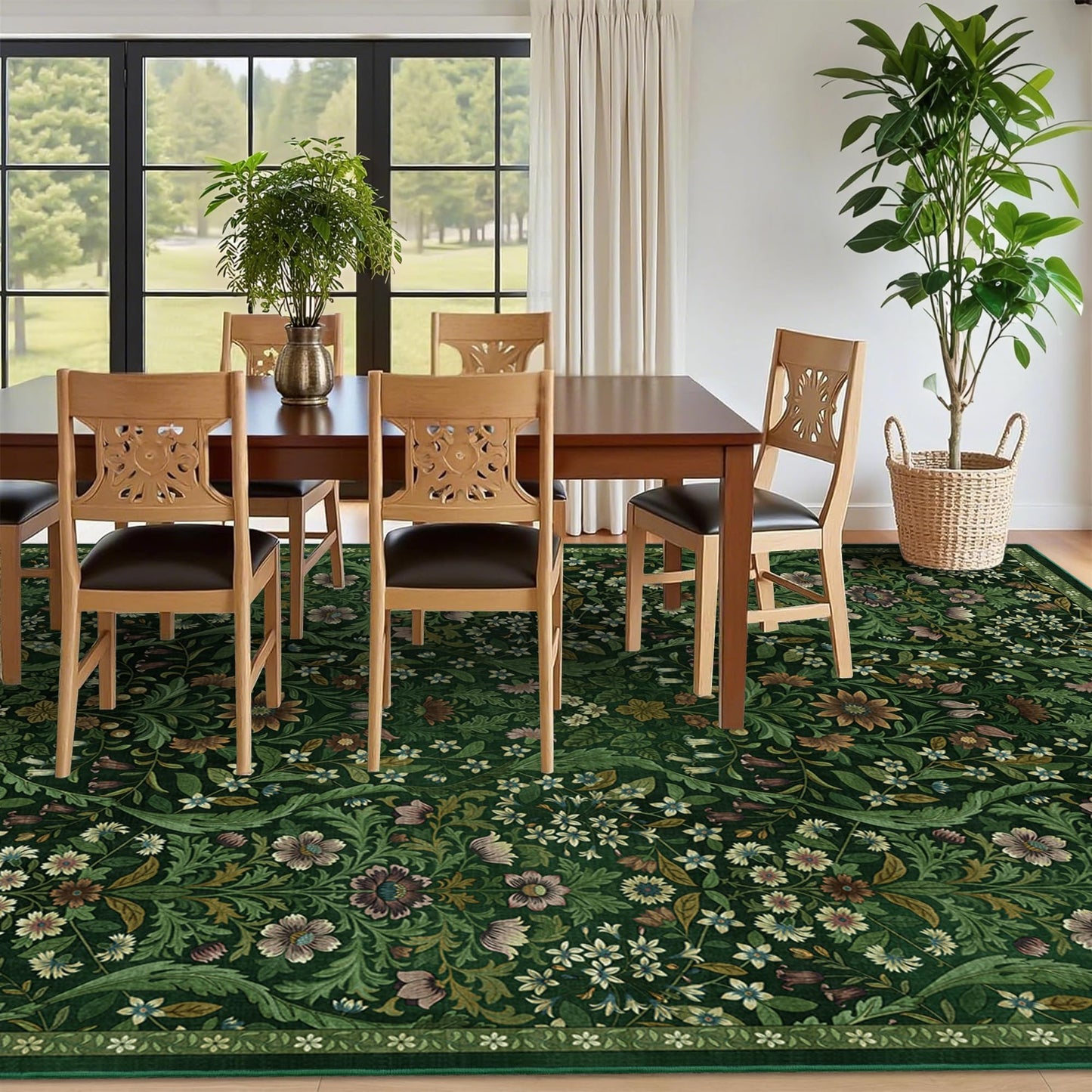 9x12 Dark Green Vintage Floral Area Rug,Washable Large Boho Living Room Rugs,Botanical Print Non-Slip Stain Resistant Lightweight Carpet for Bedroom Dining Room Nursery