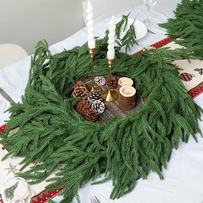 2 PCS 6FT Norfolk Pine Garland Realistic - 72" Thick Deluxe Faux Christmas Greenery Garland Artificial Green Winter Pine Garlands for Mantle Staircase Table Indoor Outdoor Holiday Decoration