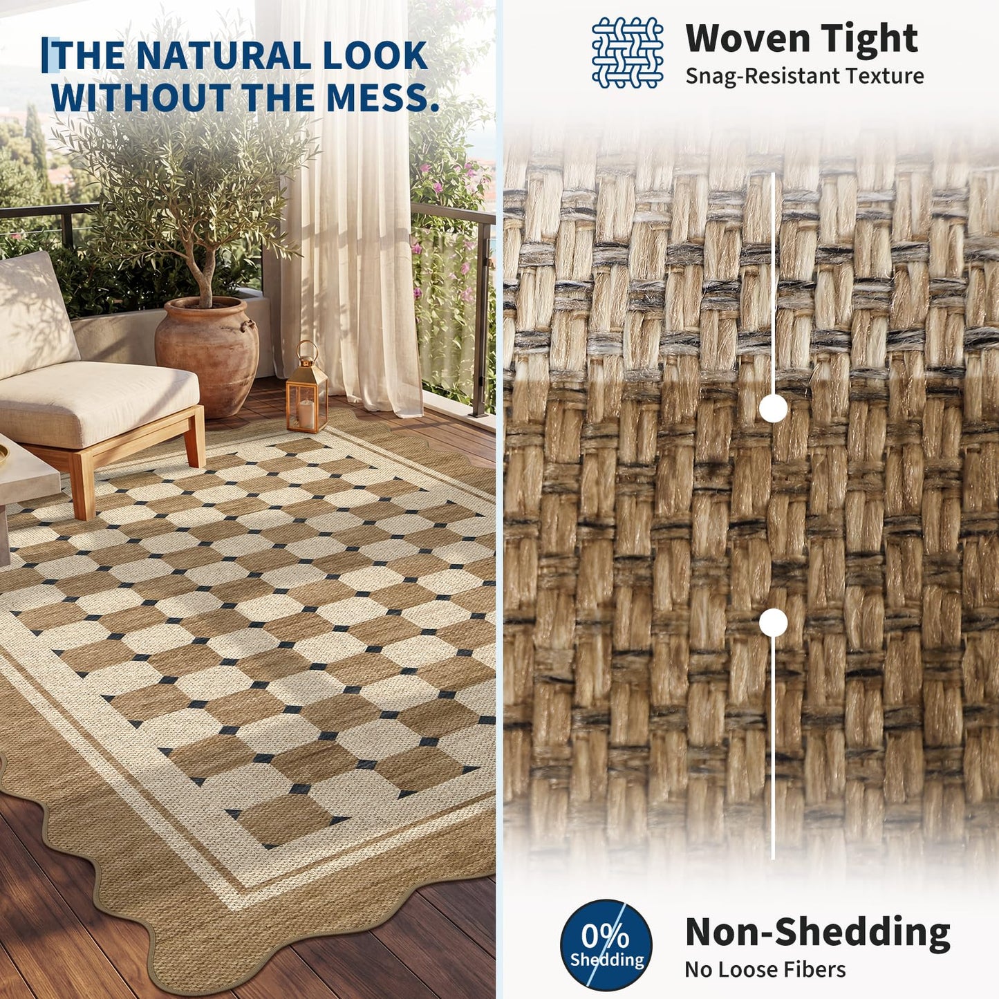 Garvee Easy Jute Scalloped Area Rug, 4x6 Neural Checkered Modern Washable Rugs for Living Room Non-Slip Low Pile Entryway Rug, Farmhouse Indoor Outdoor Carpet for Kitchen Backyard Bedroom Office 4'x6'