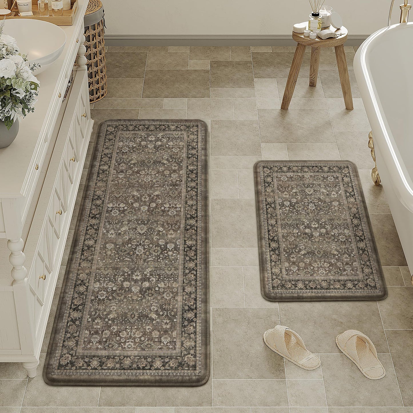 HUGEAR Kitchen Mats Set 2 PCS Brown Washable Non Slip Kitchen Runner Rug Waterproof Floral Cushioned Anti Fatigue Floor Mats for Sink Home Decor Laundry Room Office