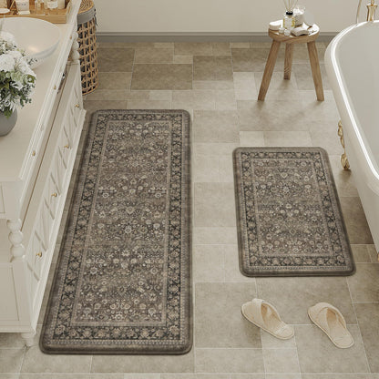 HUGEAR Kitchen Mats Set 2 PCS Brown Washable Non Slip Kitchen Runner Rug Waterproof Floral Cushioned Anti Fatigue Floor Mats for Sink Home Decor Laundry Room Office