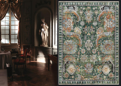 RUGSURE Washable Area Rugs - Perfect for Living Room, Bedroom, Kids Room, Nursery - Stain & Water Resistant Non-Slip, Pet & Child Friendly, Vintage Tribal Area Rugs (Green, 3' x 5 ')