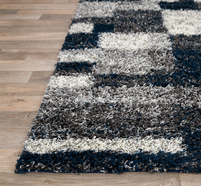 Rugshop Navy Distressed Modern Boxes Plush Shag Area Rug — Non-Shedding Soft for Living Room, Dining Room and Bedroom, 5' x 7'