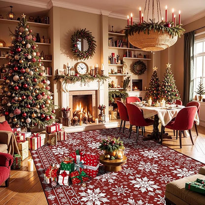 6' X 9' Christmas Rugs Snowflake Area Rug Indoor for Living Room Bedroom Dining Room Dorm Classroom Nursery Red and White Xmas Carpet for Kids Girls Women Floor Mat Pad Winter