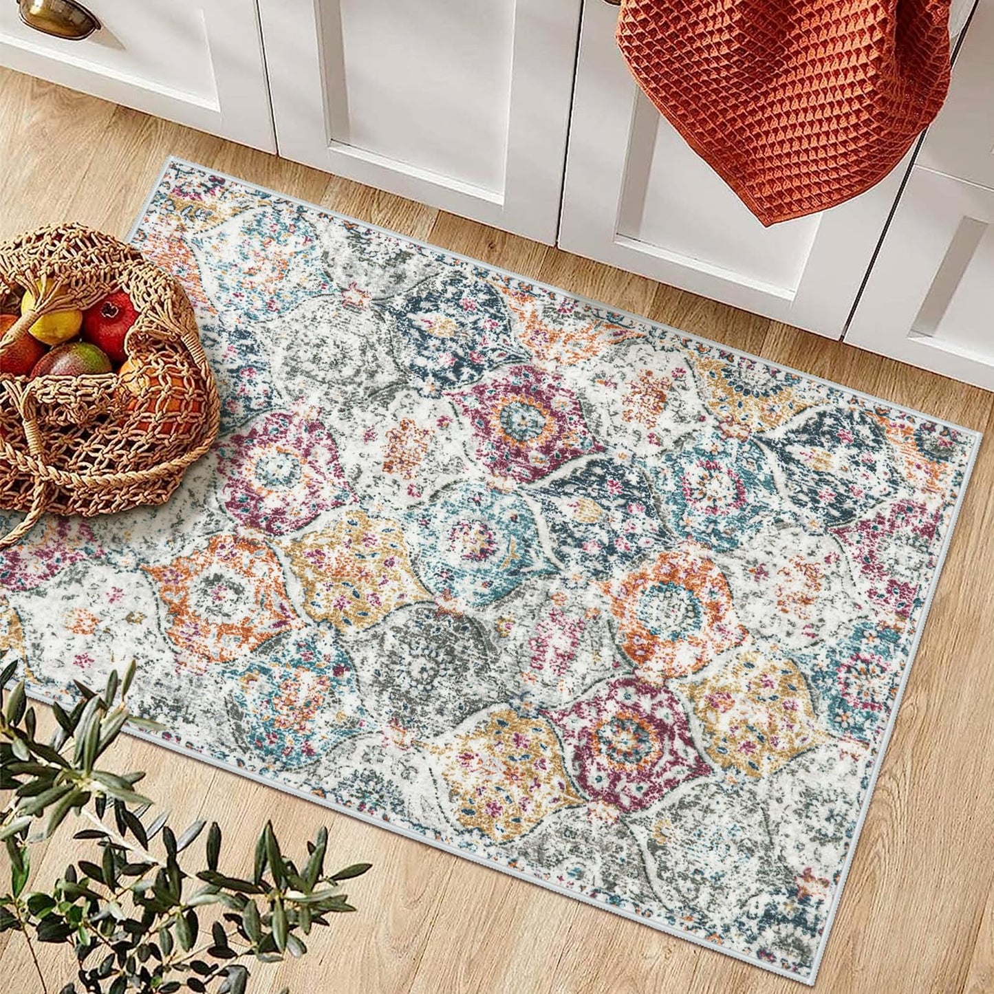 Lahome Moroccan Trellis Entryway Rug, 2x3 Kitchen Rugs Non Slip Washable, Non-Slip Indoor Door Mat Ultra-Thin, Small Throw Carpet for Bathroom Bedroom Entry Elise, Aqua/Multi