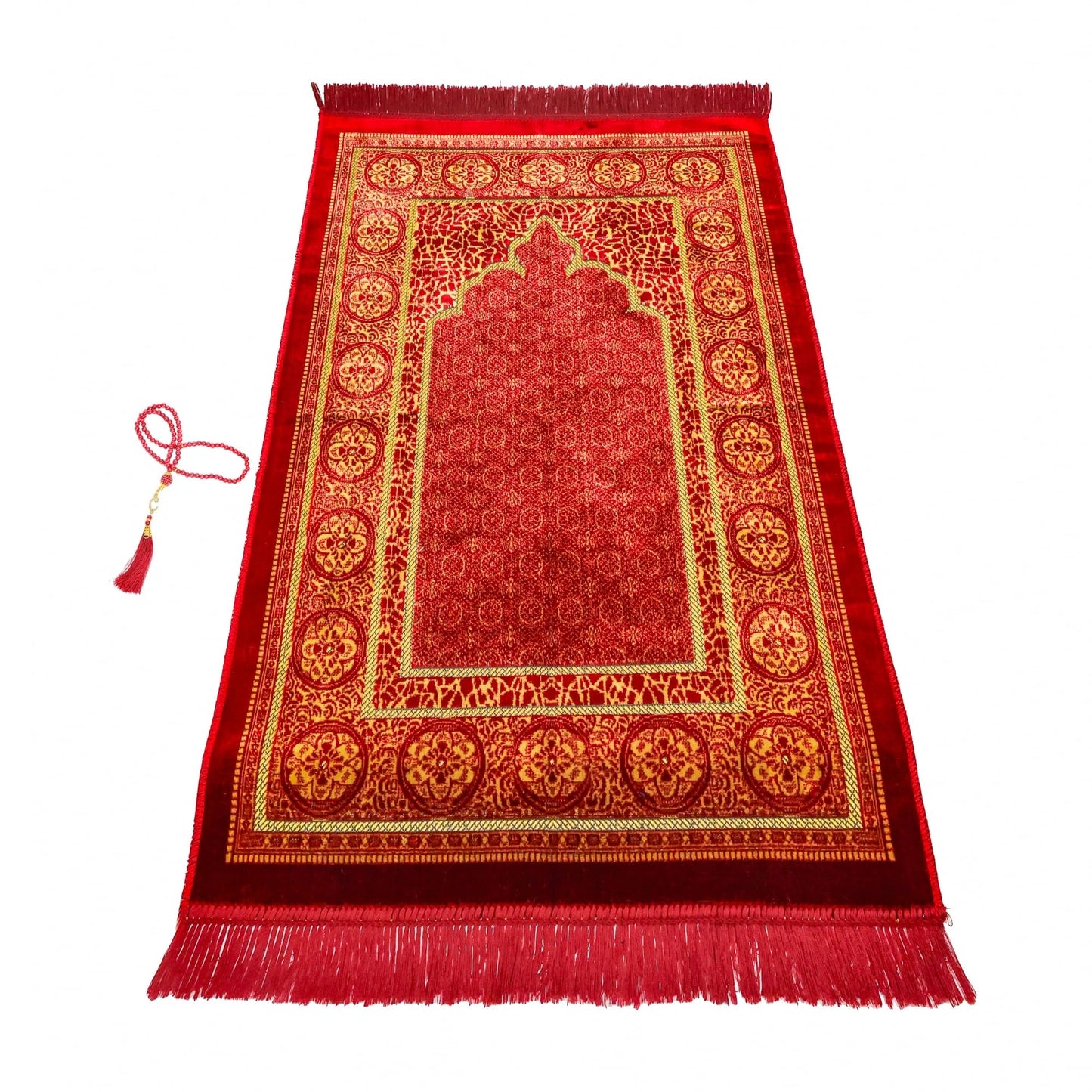 FIRASET Muslim Prayer Rug, Soft Plush Thin Islamic Prayer Mat, Janamaz, Sajada, Praying Carpet, Islamic Gift for Men & Women, Islamic Mat, Bordeaux, Eid & Ramadan Gift with Prayer Beads, 26x43 inch