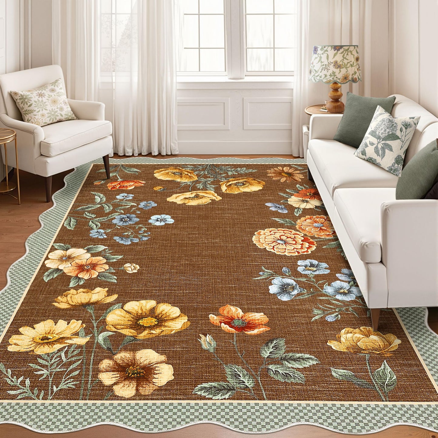 GarveeHome Floral Scalloped Washable Rugs 8x10, Non-Slip Low Pile Living Room Rugs 8x10, Soft Bedroom Rug Stain Resistance Boho Botanical Brown Rug with Rubber Back for Dining Room, Coffee