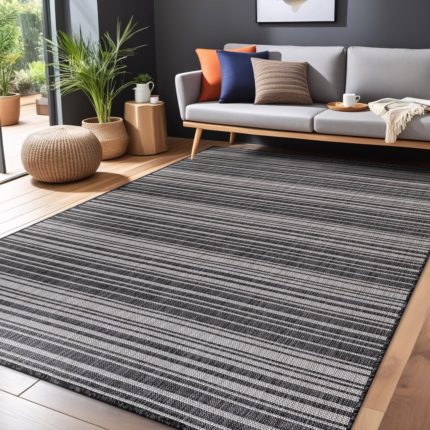 Luul Home Stripe Outdoor Rug 6x9 Washable Outside Carpet for Indoor Patio Porch Waterproof Easy Cleaning Non Shedding Area Rugs Dark Gray 6 x 9