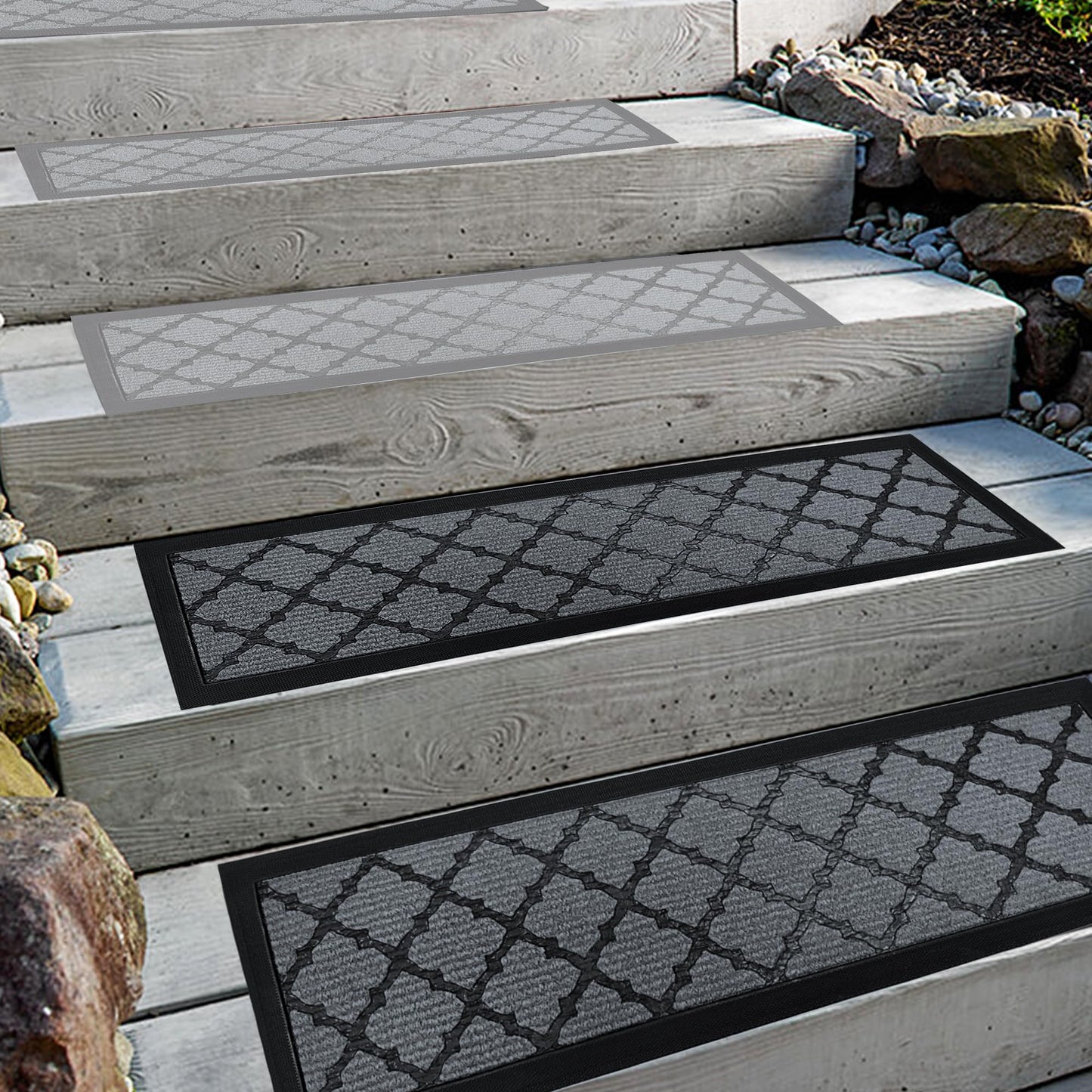 Aucuda 2pcs 8.5" x 30" Stair Treads Outdoor for Elders and Dogs on Wooden Steps, Non Slip Stair Runner Rug Heat Insulation Rubber Backing, Gray Lattice Staircase Mat Carpet for Indoor Grip Farmhouse.