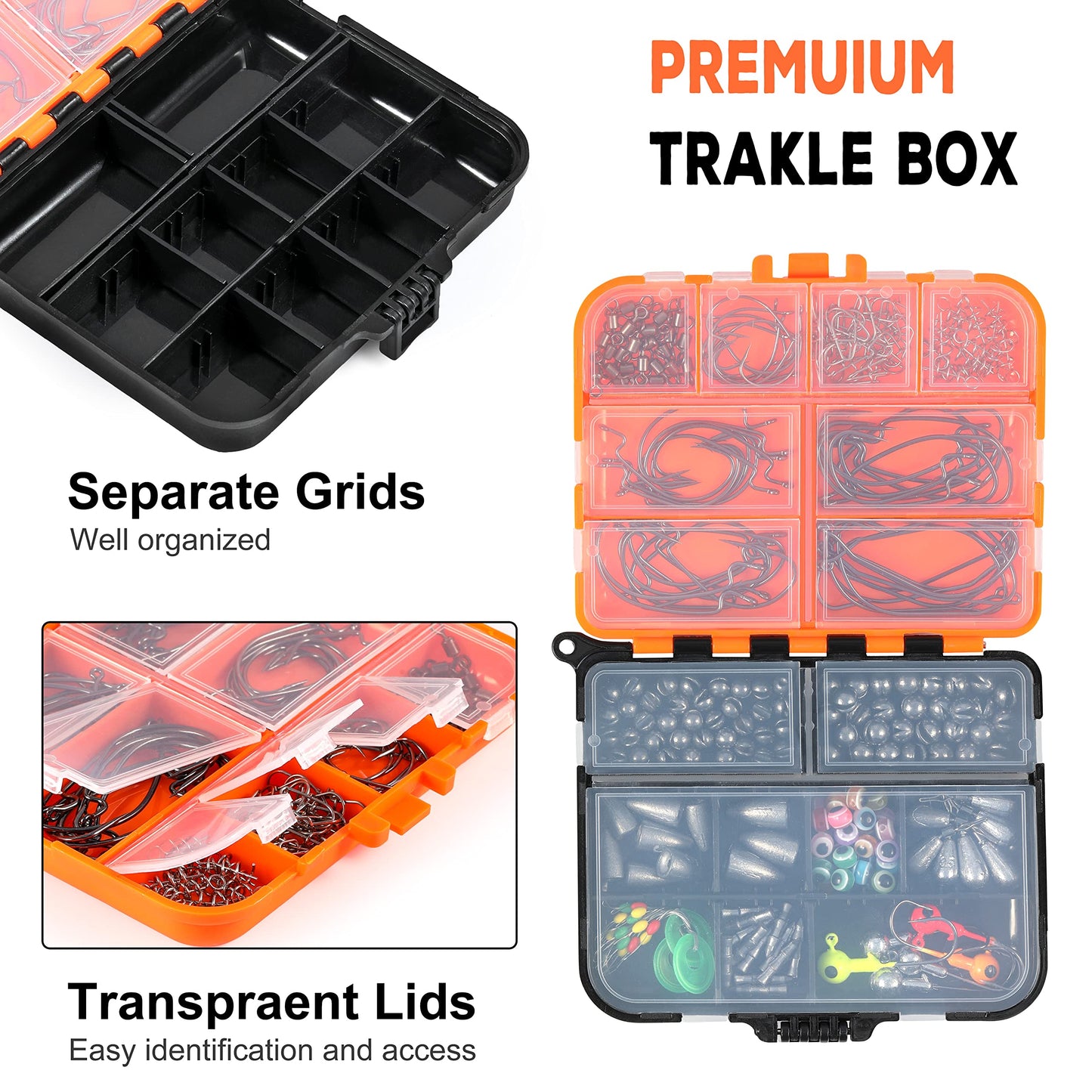PLUSINNO 201pcs Fishing Accessories Kit,Tackle Box with Tackle Included, Fishing Hooks, Weights, Round Split Shot，Fishing Gear for Bass, Trout, Catfish
