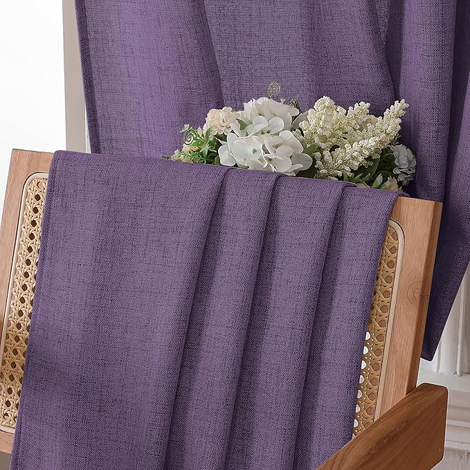 Tollpiz Short Linen Curtains Living Room Rod Pocket Semi Sheer Curtain Burlap Light Filtering Thick Linen Drapes for Bedroom, 54 x 54 inches Long, Royal Purple, Set of 2 Panels