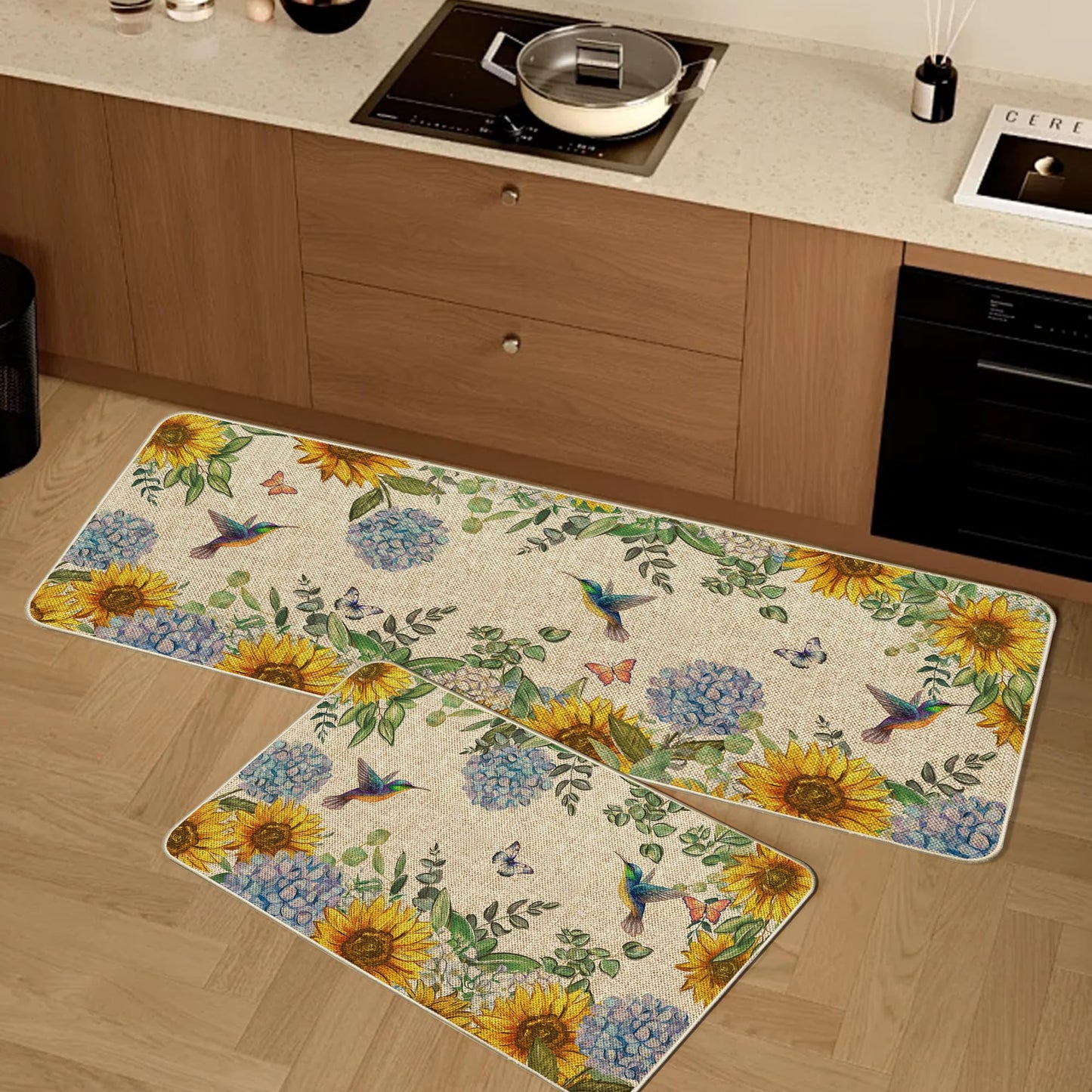 Tikeciti Spring Summer Sunflower Blue Hydrangea Kitchen Mats Set of 2, Butterflies Kitchen Rugs Seasonal Hummingbirds Holiday Floor Non-Slip Low Profile Mat Farmhouse Home Decor 17x29 and 17x47 Inch