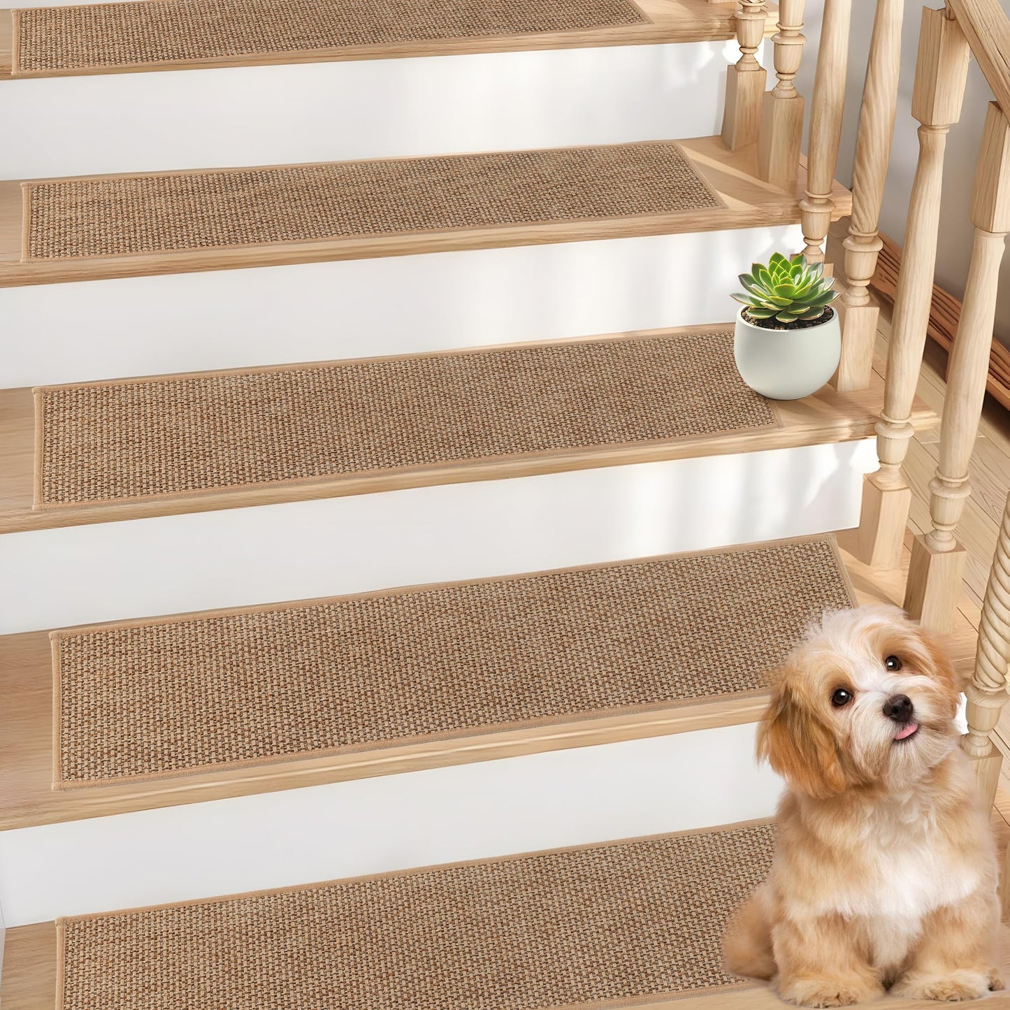 Xaarmonex Natural Linen Stair Treads for Wooden Steps, 15 Pcs 8" x 30",Non Slip Stair Runner, Peel and Stick Carpet Indoor for Kids Elders and Pets (15, Beige, 8" x 30")