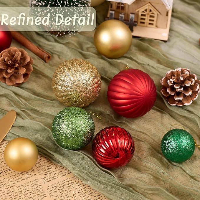 Christmas Tree Decorations Ornament Set, 50ct Red Green and Gold Shatterproof Christmas Ball Ornaments Hanging Xmas Holiday Party Decor(1.57"-2.36")