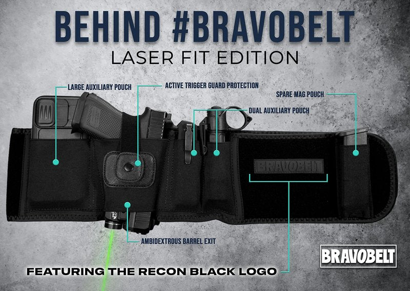 BravoBelt Laser Fit Edition - Belly Band Holster for Concealed Carry | Compatible with Red Dot, Lasers & Tactical TLR Light Systems -Unisex, Black