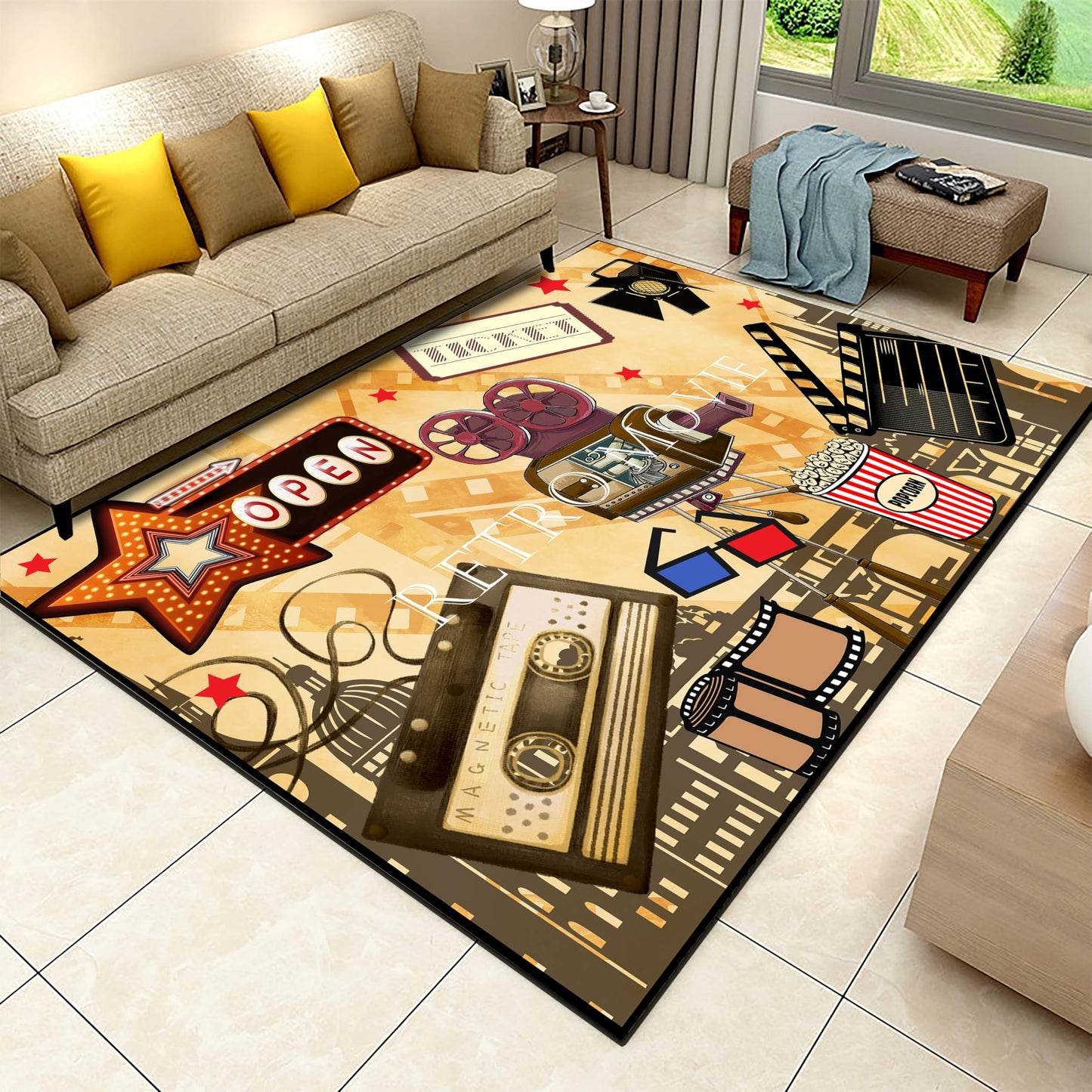 Retro Movie Themed Living Room Rugs, 4x5ft, Movie Camera Star Clapperboard Film Reel Hallway Carpet, Shed Resistant Absorbent Easy Clean Foldable Rugs for Indoor Study Room