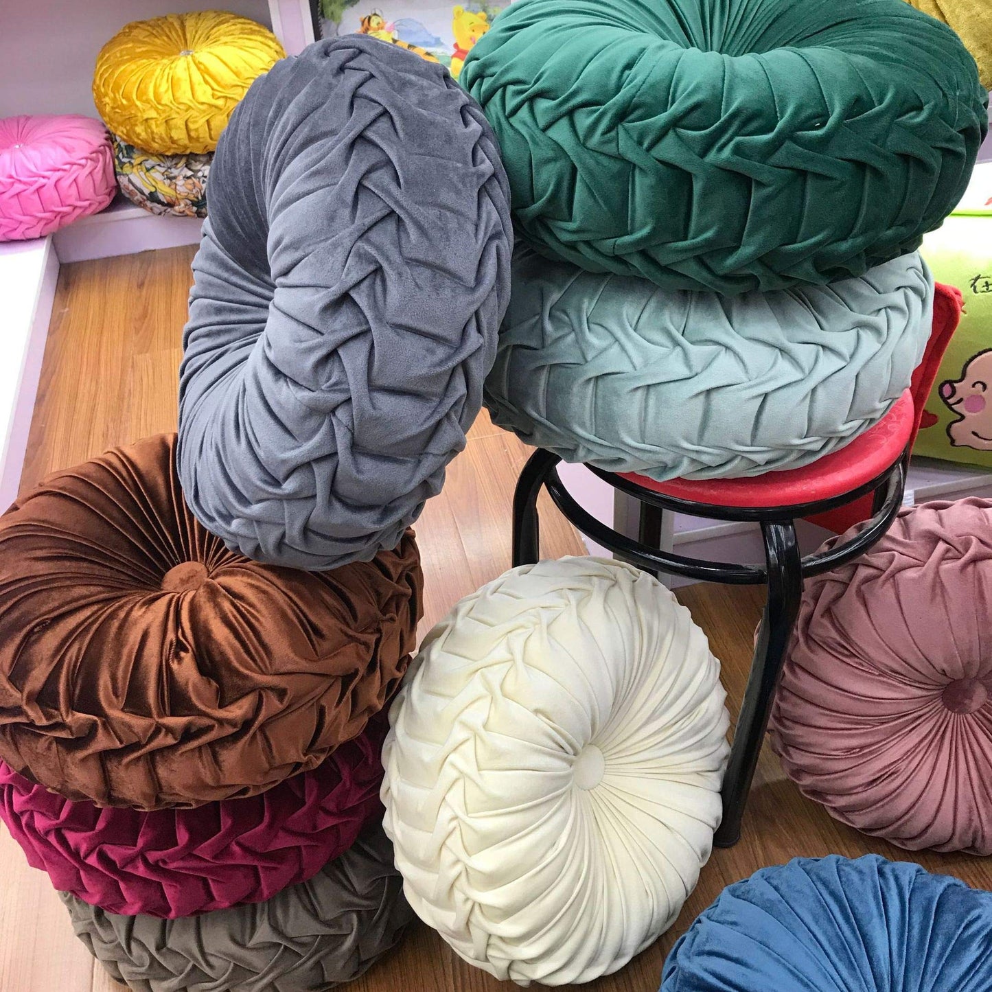 Teieas Round Throw Pillow Velvet Home Decoration Pleated Round Pillow Cushion for Couch Chair Bed Car Beige