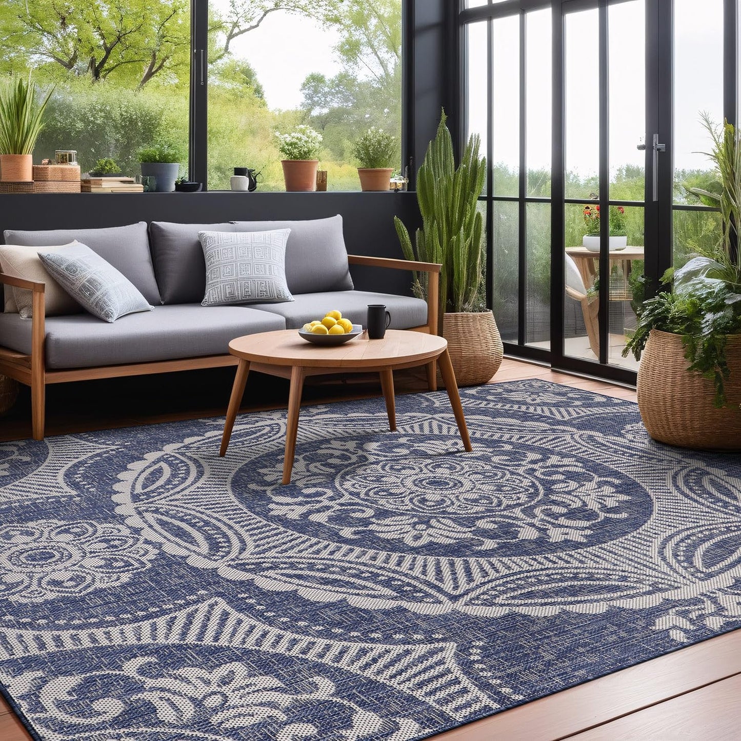 Luul Home Medallion Outdoor Rug 5x7 Washable Outside Carpet for Indoor Patio Porch Waterproof Easy Cleaning Non Shedding Area Rugs Blue 5 x 7