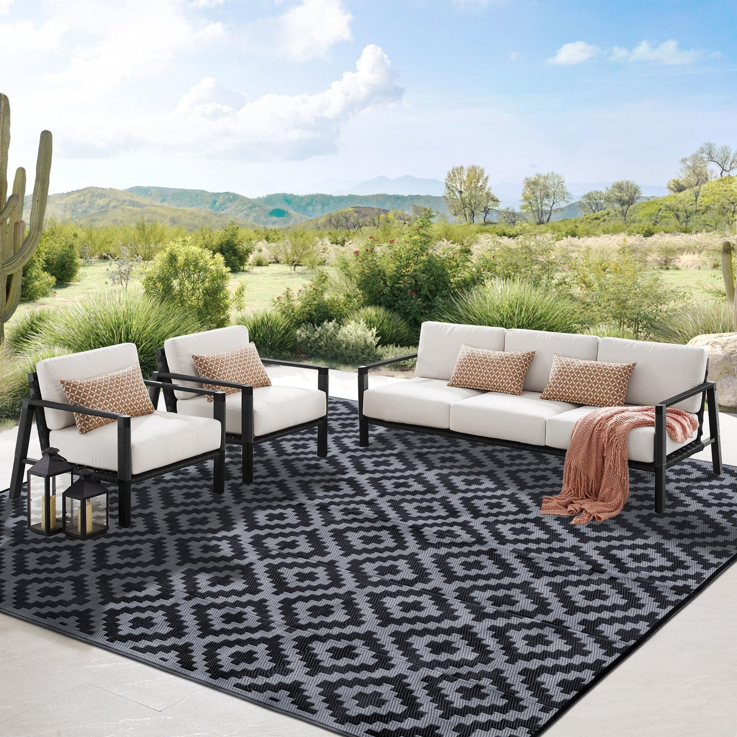 SAND MINE Waterproof Outdoor Rug 8x10 ft, Plastic Reversible Rug, Modern Area Rug, Large Floor Mat for Outdoors, RV, Patio, Backyard, Deck, Picnic, Beach, Camping (8' x 10', Black Grey Lattice)