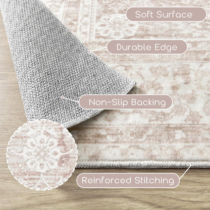 Pink Nursery Rug for Baby Girl 5 x 7 Neutral Blush Pink Boho Cute Floral Foldable Machine Washable Low Pile Soft Surface Carpet Area Rugs for Living Room Bedroom Dorm Kids Playroom,5x7
