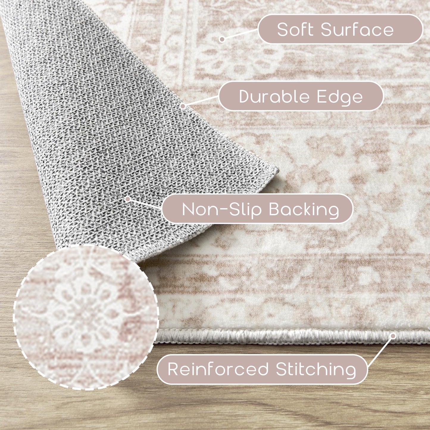 BILEEHOME Light Pink Nursery Rug for Baby Girl Neutral Blush Pink Boho Floral Pattern Carpet 5 x 8 Washable Non Slip Low Pile Soft Surface Area Rugs for Living Room Bedroom Playroom,5x8