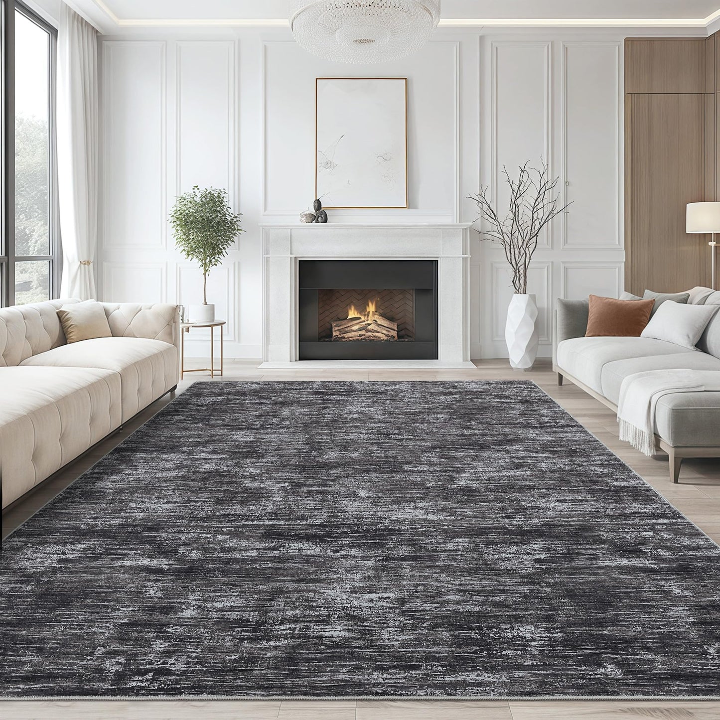 GarveeHome 8x10 Large Living Room Rug Machine Washable Area Rugs for Bedroom, Modern Solid Color Rugs with Rubber Backing, Stain Resistant Low Pile Neutral Mats for Bedroom, Dining Room, Dark Grey