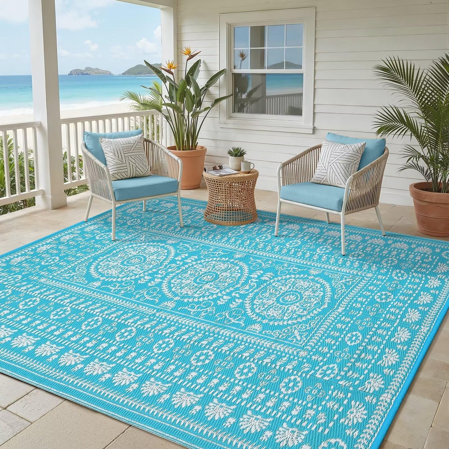 Garvee Reversible Outdoor Rug 5x8 for Patio, Waterproof Outdoor Area Rug, Boho Medallion Indoor Outdoor Carpet for Porch, Plastic Straw Rug for RV, Camping, Deck, Blue and White
