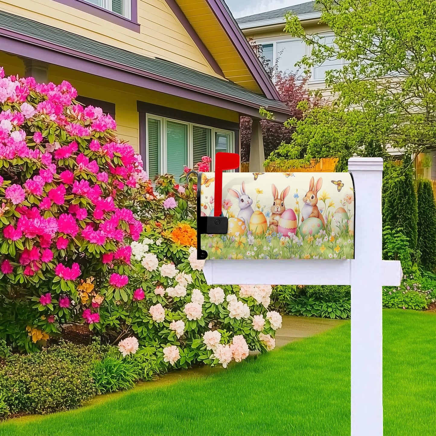 VentuCoven Easter Mailbox Covers Rabbits Mailbox Cover Standard Size 21x18 in Spring Floral Post Letter Box Cover for Garden Yard Decoration Waterproof Oxford Beautiful Eggs