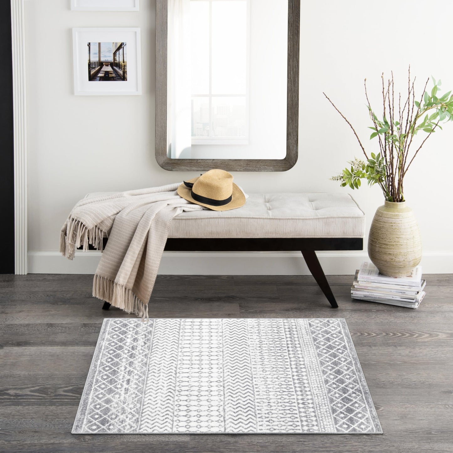 Nailttos Moroccan Washable Rugs, 2x3 Ivory Gray Rug Non-Slip Small Distressed Entryway Rugs, Soft Low-Pile Bedroom Rug Indoor Doormat Carpet for Entryway Kitchen Bathroom