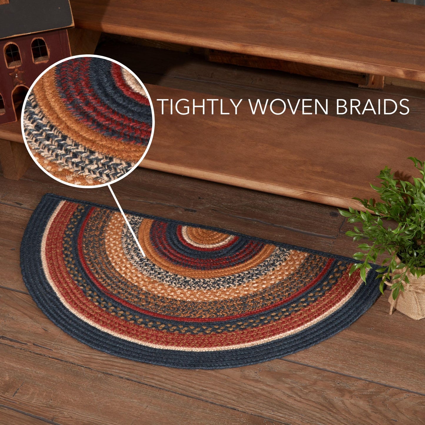 VHC Brands Stratton Primitive Jute Blue Red Striped Accent Rug for Entryway Kitchen Bathroom, Rustic Decor - Half Circle 16.5"x33"