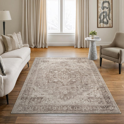 Bloom Rugs Washable Non-Slip 4' x 6' Rug - Beige/Gray Traditional Area Rug for Living Room, Bedroom, Dining Room, and Kitchen - Exact Size: 4' x 6'