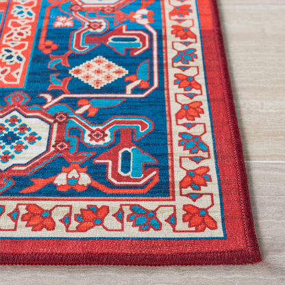 SAFAVIEH Washable Rug Tucson Collection - 8' x 10', Red & Blue, Slip Resistant & Easy to Clean, Ideal for Living Room, Bedroom, Dining Space (TSN101Q)