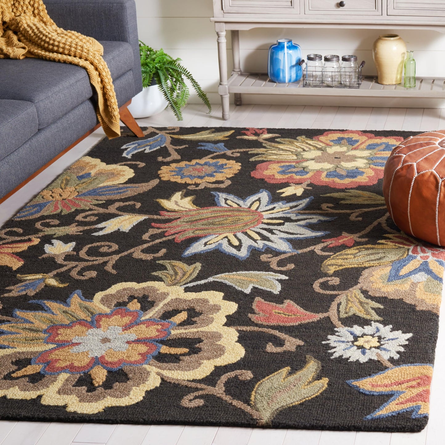 SAFAVIEH Blossom Collection Area Rug - 5' x 8', Black & Yellow, Floral Design, Handmade Wool, Ideal for The Living Room, Bedroom, Dining Room (BLM404Z-5)