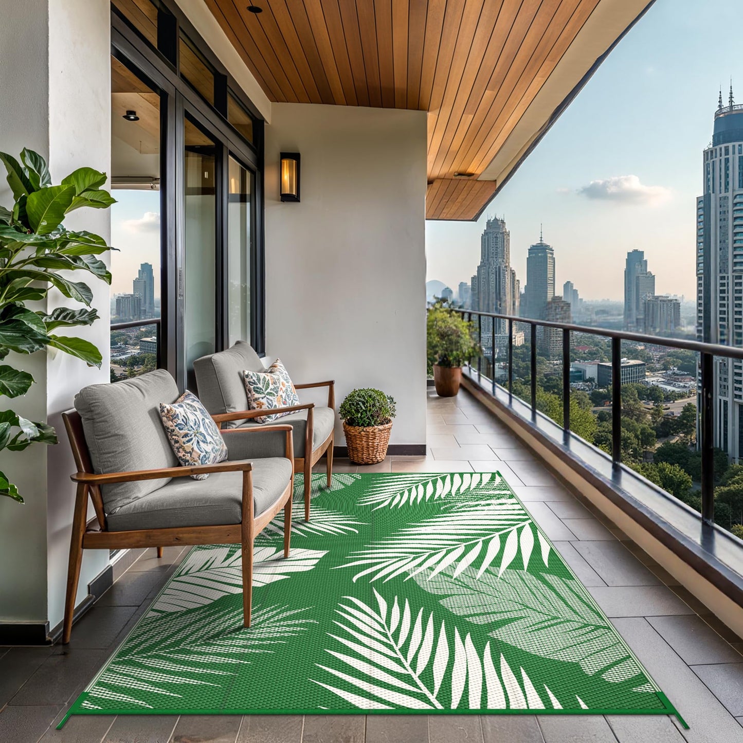 GENIMO Outdoor Rug 6' x 9' Waterproof for Patios Clearance, Reversible Outdoor Plastic Straw Camping Rug Carpet, Large Area Rugs Mats for RV, Picnic, Backyard, Deck, Balcony, Porch, Dark Green&White