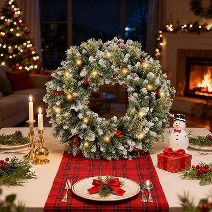 24 Inch Christmas Wreaths for Front Door with Lights,Lighted Artificial Flowering Pine Door Wreath,Prelit Faux Green Winter Wreath with Pine Cones and Red Berry for Indoor Outdoor Decor