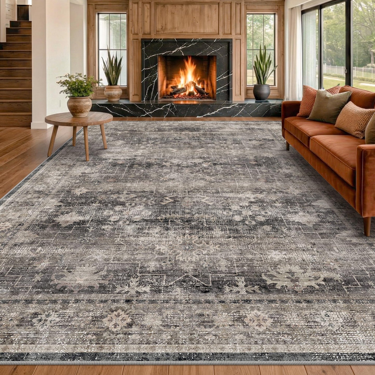 Modern 8x10 Charcoal and Beige Area Rug for Living Room, Washable Farmhouse Boho Rug for Bedroom, Distressed Oriental Geometric Design, Stain Resistant Low Pile Non-Slip Ultra Soft, Moody Décor