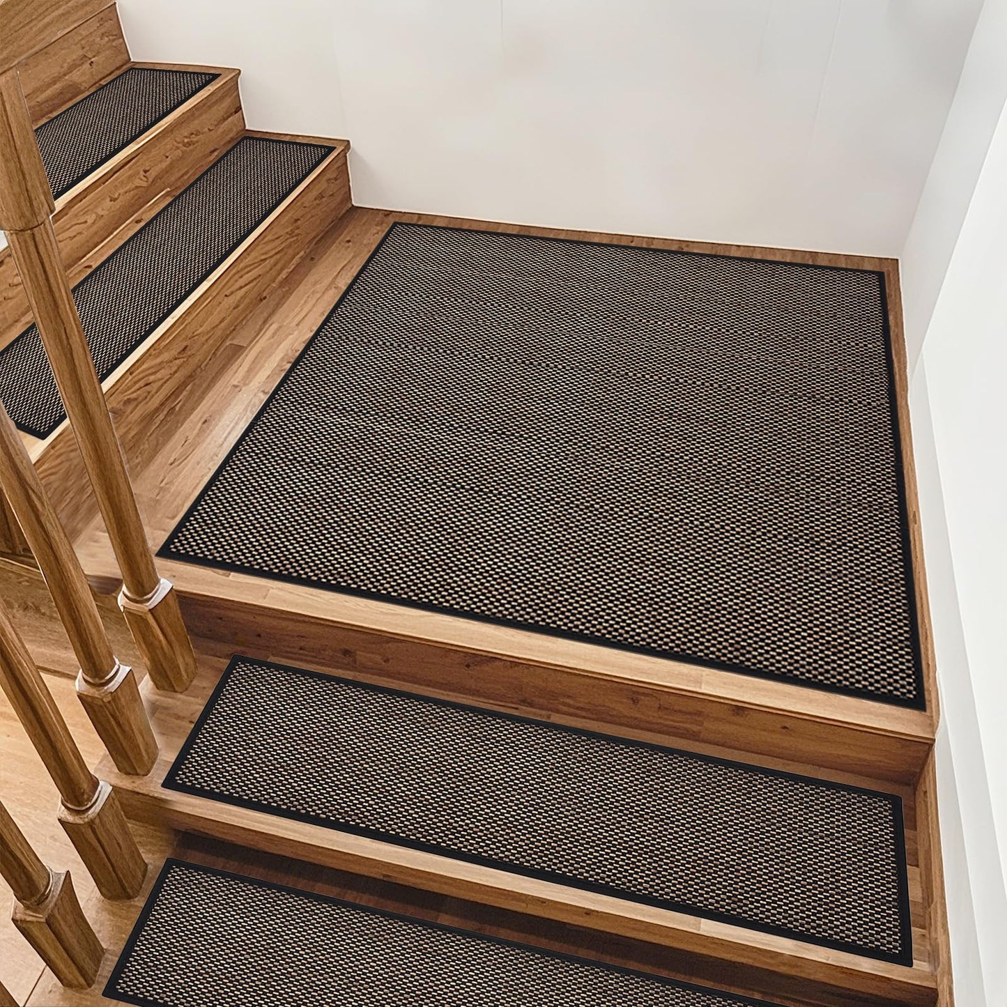 Earcu Non Slip Stair Treads for Wooden Steps, Square Rubber Backing Non Slip Stair Landing Mat, Thicken Linen Carpet Stair Runners Indoor, No Residue Stair Carpet Treads, 29"x29", Black
