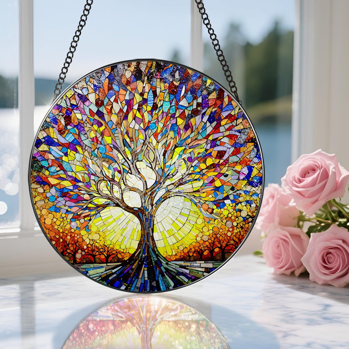 Stained Glass Window Hanging, 8 in Tree of Life Sun Catchers Indoor Window, Stained Glass Suncatcher, Gifts for Women, Her, Wife, Friend and Mom for Mother's Day, Christmas, Birthday