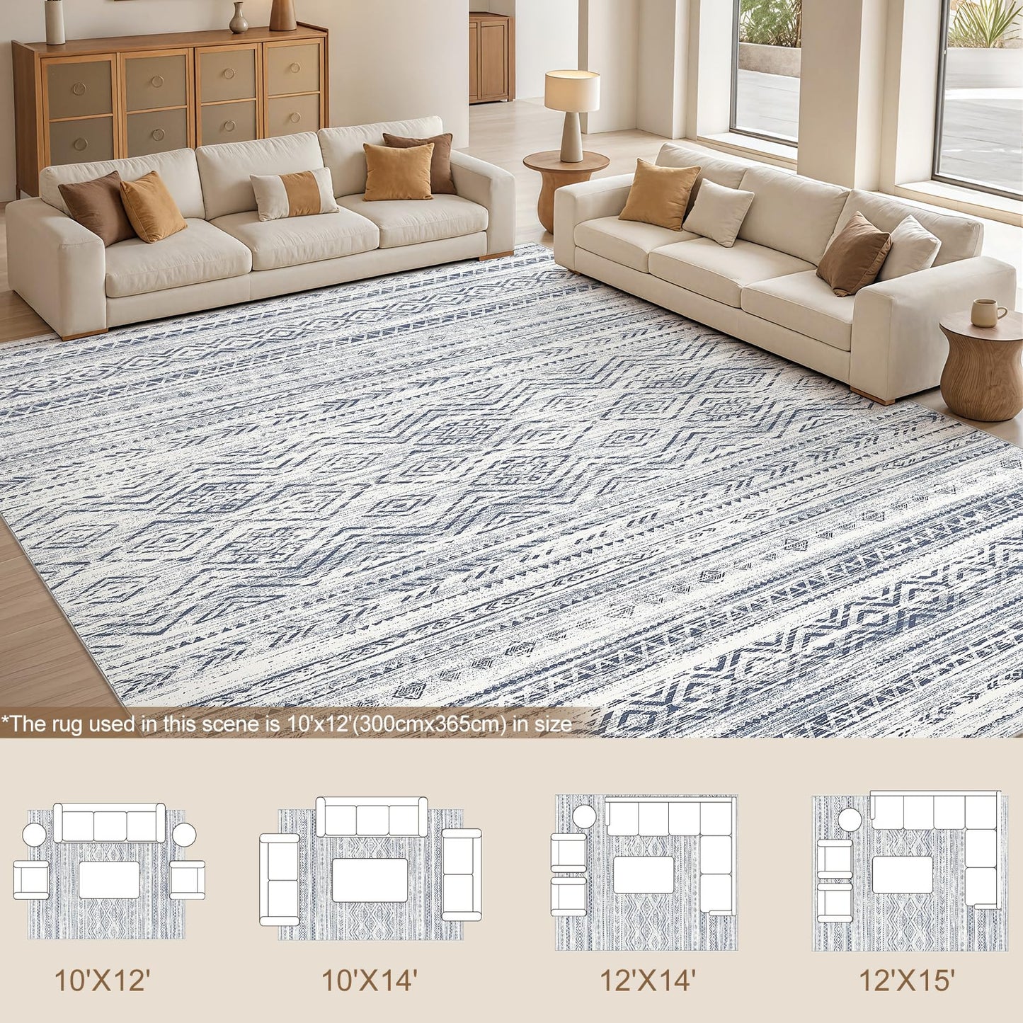 Tortania Area Rug Living Room Rugs- 10x14 Washable Large Soft Neutral Boho Moroccan Bohemian Farmhouse Rug Indoor Floor Carpet for Bedroom Under Dining Table Home Office Decor - Dark Blue