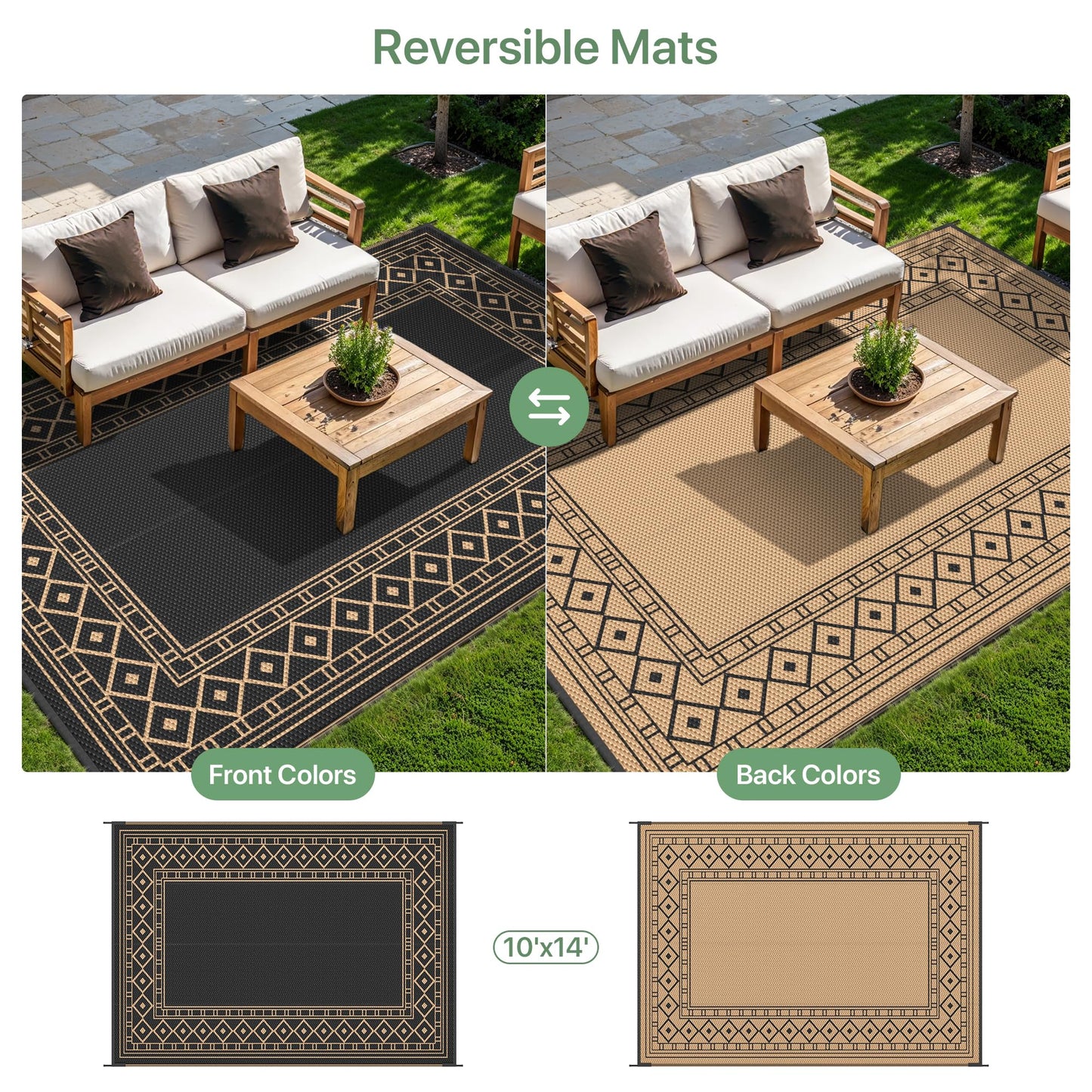 GENIMO Outdoor Rug Waterproof 10'x14' for Patio, Foldable Reversible Plastic Straw Carpet for Travel Trailers, Outside Area Mat for Rv, Deck, Picnic, Porch, Camper, Balcony, Beach, Black & Brown