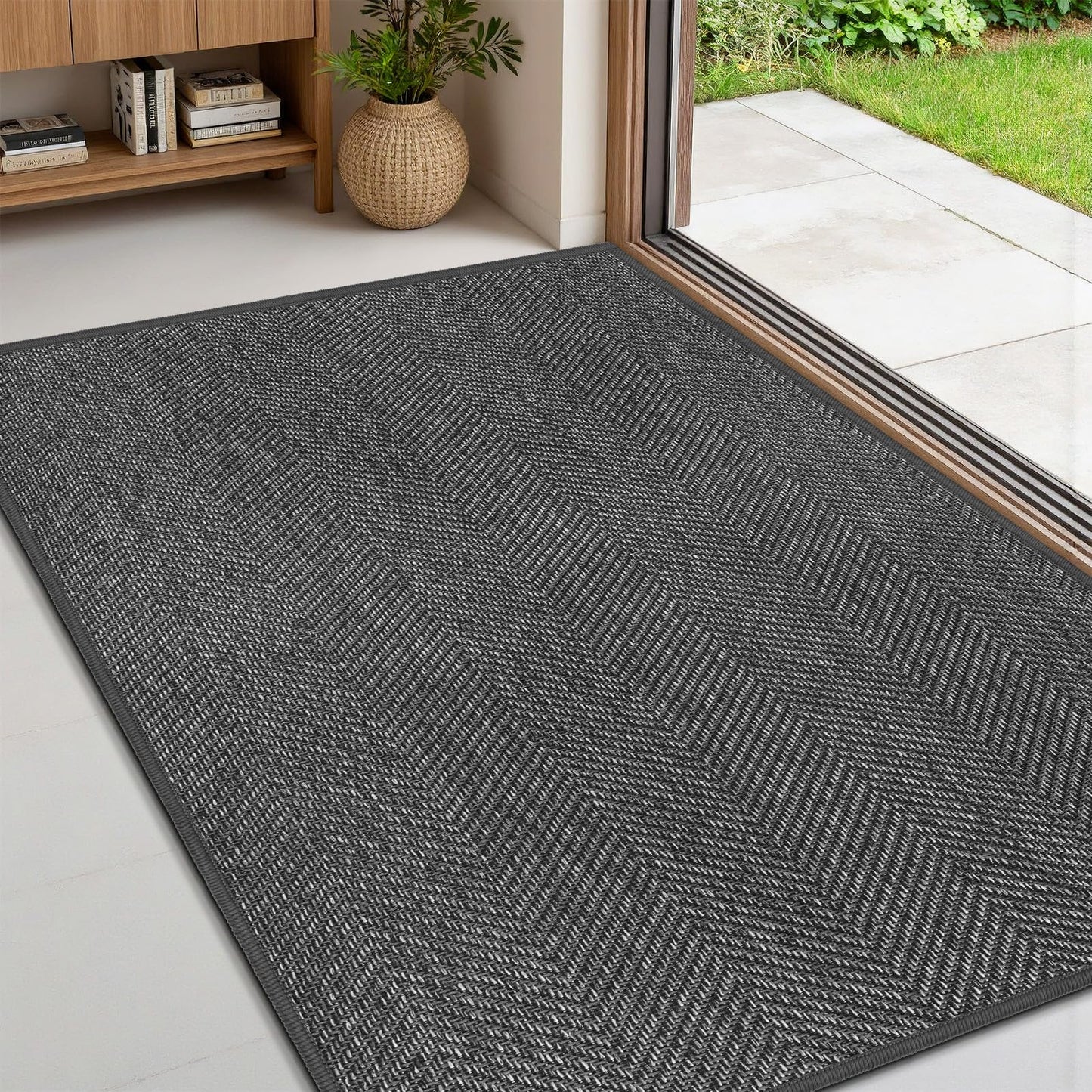 ENHASIV Ultra Thin Indoor Door Mat 24"x36", Washable Door Mat Indoor Entrance, Non Slip Rubber Backing Doormat Low-Profile Inside Entryway Mat, Unique Herringbone Design Entry Mat, Dark Grey (FOLD)