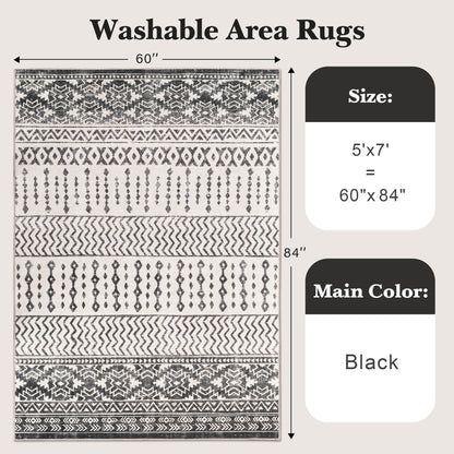 Art&Tuft Area Rug 5x7, Super Soft Ultra-Thin Moroccan Washable Anti-Slip Backing Rugs for Living Room, Foldable, Geometric, Machine Washable (5'x7', Black)