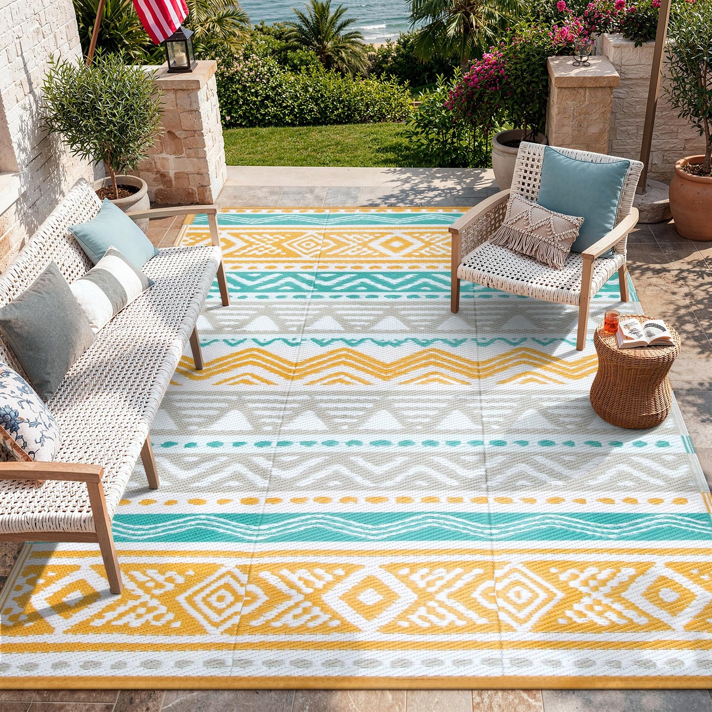 Lahome Waterproof Outdoor Rug 6x9, Reversible Outdoor Plastic Straw Rug for Camping, Large RV Outdoor Patio Rug, Outdoor Rugs Carpet for Porch Deck Backyard Balcony Picnic(Blue/Yellow,6'x 9')